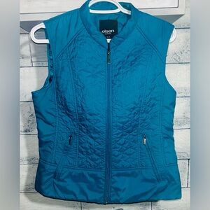 Olsen Europe Geometric Quilted Vest Teal Size Medium/10 Full Zip Stand Up Collar